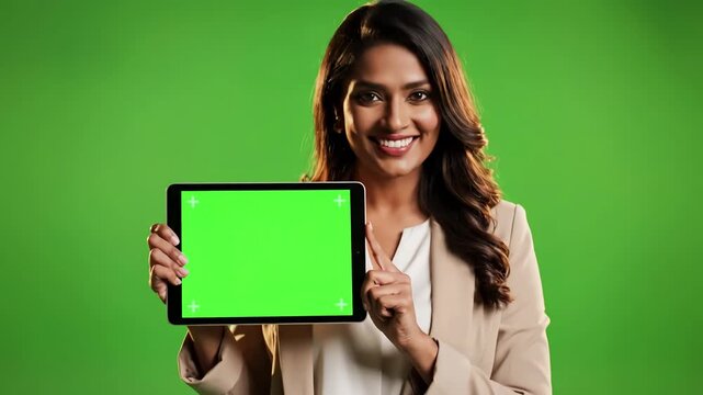 Green Screen close up of woman holding in hands a digital tablet with for internet online chromakey advertising scene 3 distortion, overlay, glitch, static noise, scan lines on black background, 4k