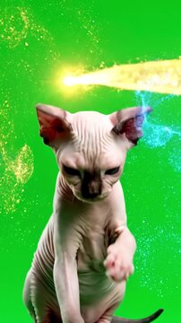 Green Screen cute kitten looks at the scene 3 with distortion, overlay, glitch, static noise, scan lines on black background, 4k animated video loop