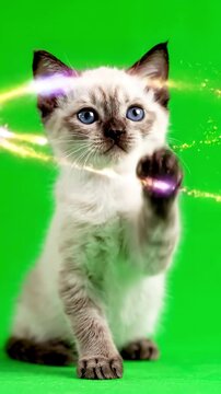 Green Screen cute kitten looks at the scene 4 with distortion, overlay, glitch, static noise, scan lines on black background, 4k animated video loop