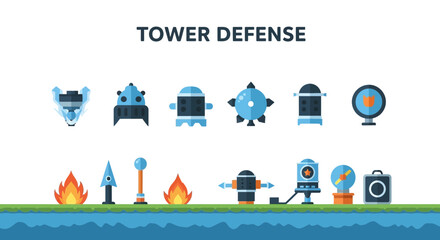 A collection of stylized tower defense game assets above a landscape strip © zyaa