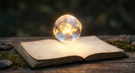Mystic glowing orb above open book on wooden table outdoor fantasy magic energy scene