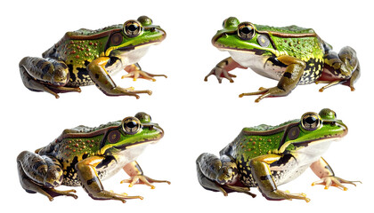 Four green frogs in various poses against a black backdrop
