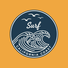 Surf California Coast Ocean Waves and Seagulls Graphic Design. © MR.HAY