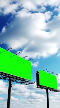 Green Screen two blank billboards or large displays and moving white clouds against blue sky timelapse advertising template mock up copy space chroma key time lapse concept scene 4 with distortion