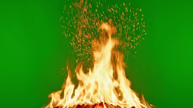 Green Screen fire particles floating and glowing on background with seamless motion scene 4 distortion, overlay, glitch, static noise, scan lines black background, 4k animated video loop