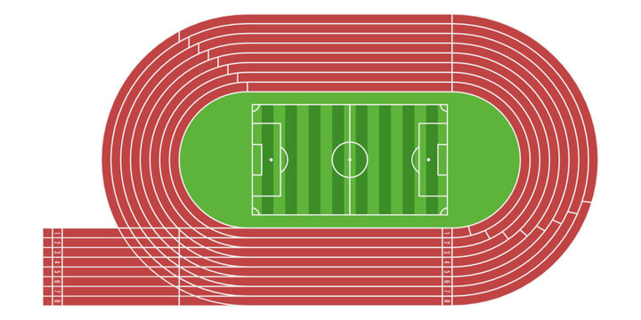 Flat top view running track with soccer field stadium. Clean vector illustration isolated on white background, perfect for sports design, infographic, and athletic themes.
