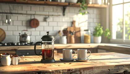 Cozy Kitchen Scene with French Press and Mugs.