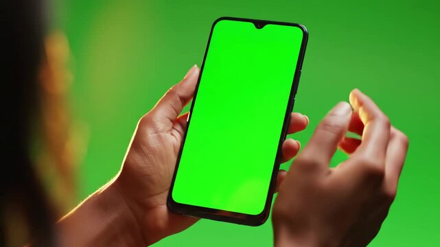 Green Screen female hands holding a smartphone with on gray background chroma key copy space scene 4 distortion, overlay, glitch, static noise, scan lines black background, 4k animated video loop