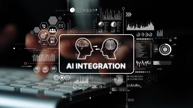 Hands on Keyboard with AI Integration Concept in Modern Digital Workspace Displaying Data and Technology Graphics. Asymptotic smart data analytic.