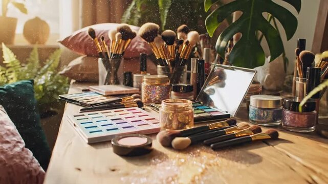 Cozy creative workspace filled with lush greenery and a rustic wooden table