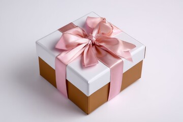 Obraz premium Square gift box, white and brown, tied with pink ribbon