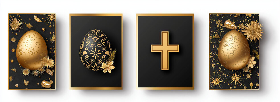 happy easter poster set with golden eggs and a cross on a white background, vector illustration design for a happy holiday greeting card, banner, or flyer