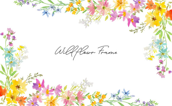 Watercolor floral background with abstract hand painted spring wild flowers for banner, web, social media and greeting card. Vector botanical frame.