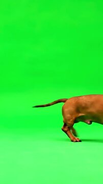 Green Screen 4k small dachshund on isolated with chroma key real shot dog slowly walks across the frame from left to right and scene 2 distortion, overlay, glitch, static noise, scan lines black