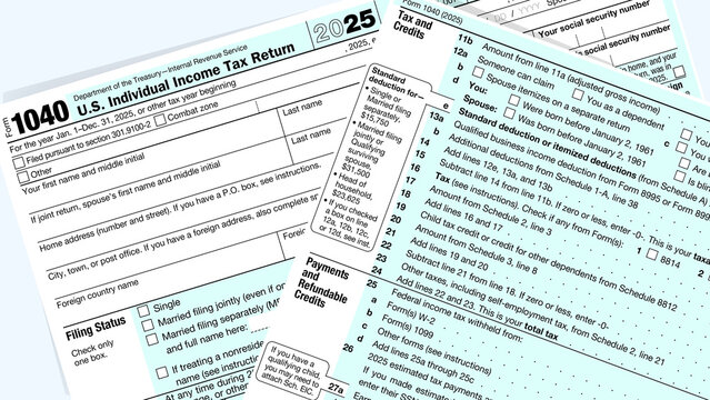 Close up of a 2025 US individual income tax form 1040 with details