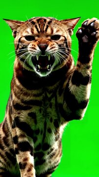 Green Screen 4k bengal cat on isolated with chroma key real shot close up portrait of angry hissing and raising his paw scene 3 distortion, overlay, glitch, static noise, scan lines black background