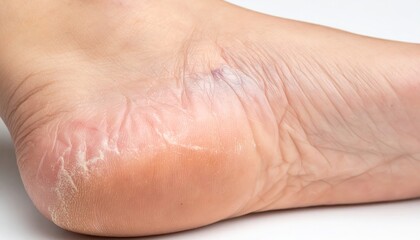 Fototapeta premium Close-up of a persons heel with dry, cracked skin, indicating a need for moisturizing and foot care.