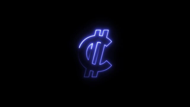 Glowing blue cent sign neon light isolated on black background financial symbol currency dollar sign