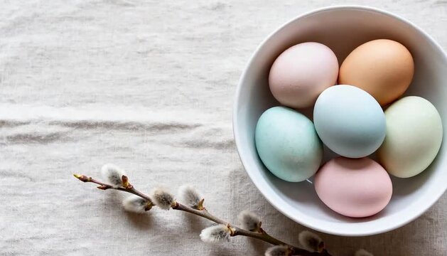 minimalist chic easter eggs in white porcelain bowl on linen with willow and copy space perfect for easter