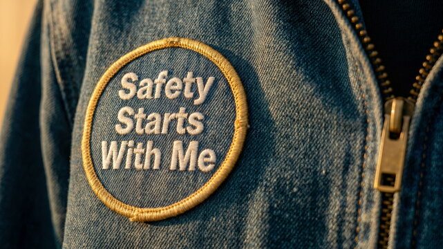 Close-up of a "Safety Starts With Me" patch on a blue denim jacket, emphasizing personal responsibility and workplace safety awareness.