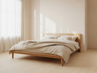 Obraz premium Scandinavian bedroom with wooden bed frame, cozy linen bedding, neutral beige walls, aesthetic interior design, bright natural morning sunlight, simple home decor, japandi style furniture.