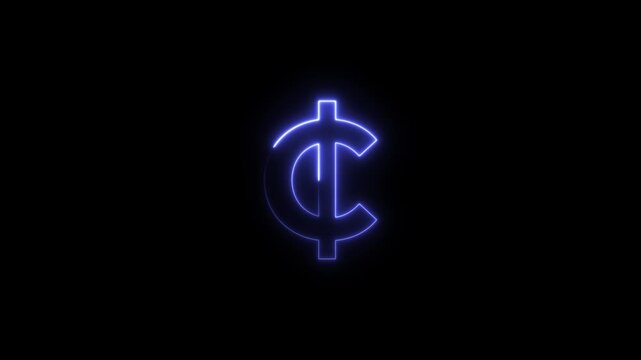 Glowing blue cent sign neon light isolated on black background financial symbol currency dollar sign