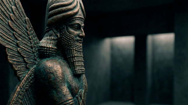 Side view of an ancient Mesopotamian winged bronze statue