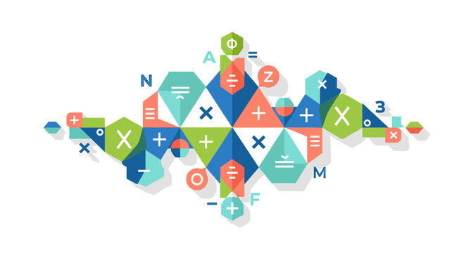 Mathematical symbols and equations arranged in a geometric pattern with various shapes and colors