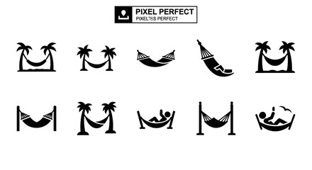 Obraz premium Collection of hammock and palm tree illustrations showcasing relaxation and leisure activities in a serene tropical setting from various viewpoints