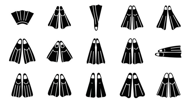 A diverse collection of diving equipment fins and accessories displayed in a grid layout on a plain background from a straightforward viewpoint
