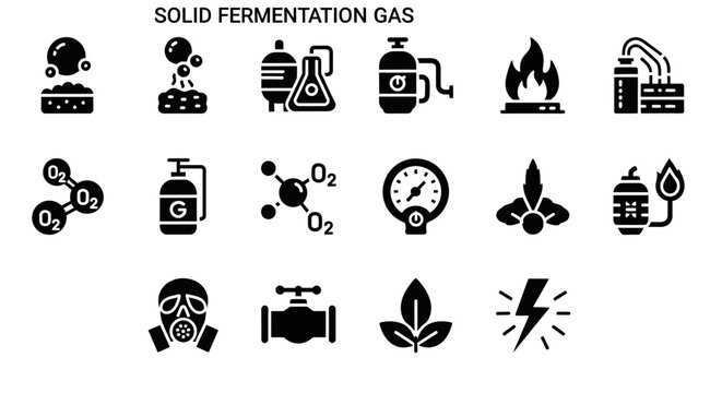 Solid Fermentation Process Illustrated with Various Industrial and Scientific Icons Representing Gas, Equipment, and Biological Elements