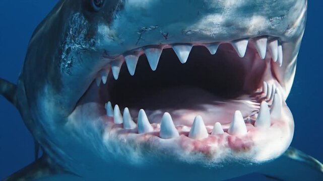 Close up of Great White Shark mouth with sharp teeth underwater.