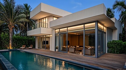 Fototapeta premium Modern luxury house with large glass windows and pool at dusk surrounded by palm trees