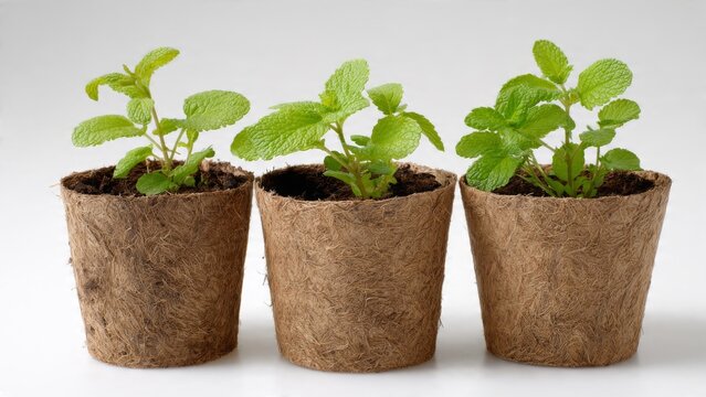 Fresh mint seedlings in biodegradable peat pots on white background
