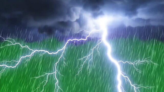 Green Screen thunder storms motion graphic effects on background scene 3 with distortion, overlay, glitch, static noise, scan lines black background, 4k animated video loop
