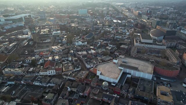 Aerial view around the old town of the city Enschede in the netherlands on a sunny late winter day