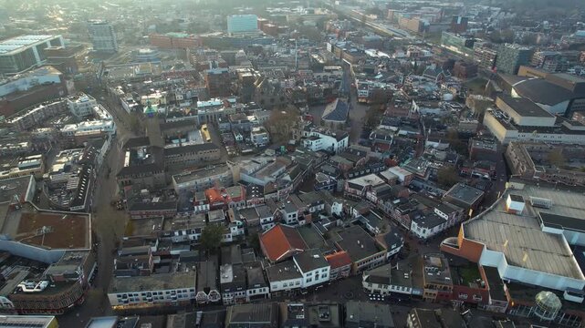 Aerial view around the old town of the city Enschede in the netherlands on a sunny late winter day