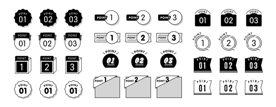 モノトーンでシンプルな黒と白のPOINT数字バッジと見出しアイコンセット。LPやWebサイト、ビジネス資料のステップ解説、ベクター素材UIパーツ。
