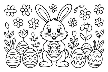 Obraz premium Cute Easter bunny holding a decorated egg surrounded by flowers and festive eggs