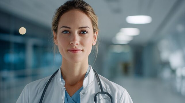 Confident Female Doctor in Modern Hospital Interior