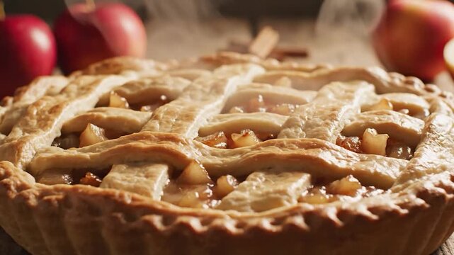 Freshly baked apple pie with a lattice crust steaming on a rustic wooden table