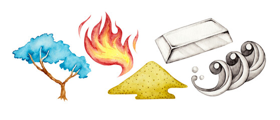 五行論　陰陽五行占い　5つの属性　水彩 イラスト