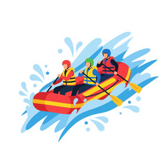 Rafting adventure: Three people in a raft paddling through water splashes.