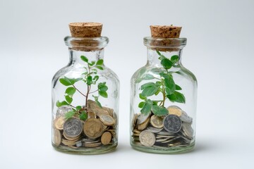 Two glass jars with small plants growing amongst coins
