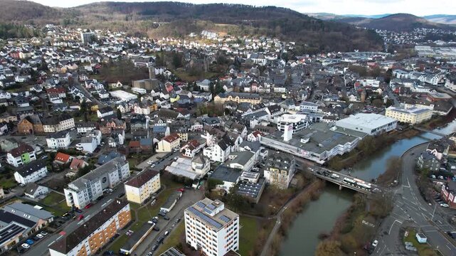 Aerial view around the old town of the city Herborn in Germany on a sunny late winter day