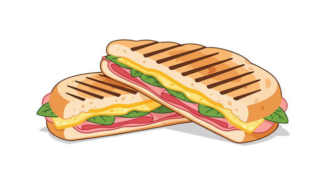 Delicious Ham and Cheese Panini Sandwich Grilled with Fresh Greens