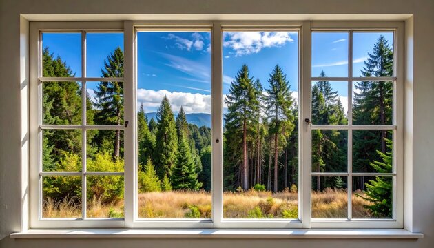 View of a lush green forest through a white framed window