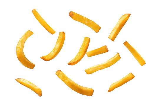 Golden fried french fries flying, delicious crispy potatoes, fast food snack falling on transparent background