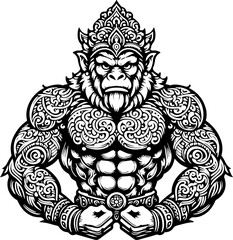 Obraz premium Highly Detailed Mythological Ape Guardian with Elaborate Tattoo-Like Patterns, Ornamental Armor Elements, and Dynamic Traditional Fantasy Design
