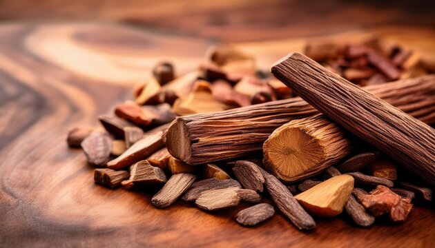 background of oud and agarwood chips for incense and perfume use with focus on sticks